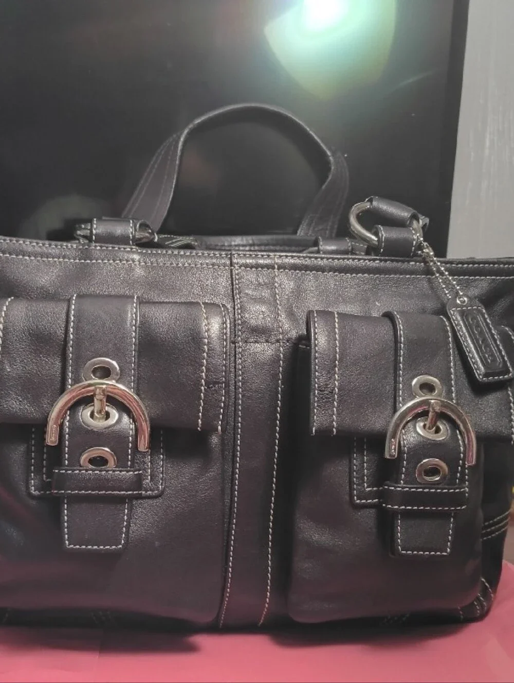 Vintage Coach Soho Big Buckle Satchel Black Leather Tote Bag Pockets-iconic